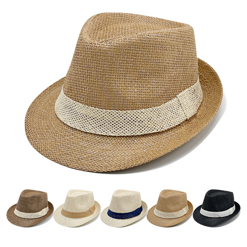 Simple Solid Jazz Hat Men Outdoor Beach Hat Women Straw Hat Woven Stripe Sunshade Hat Casual Buckle Beach Sun Fedoras Panama Cap