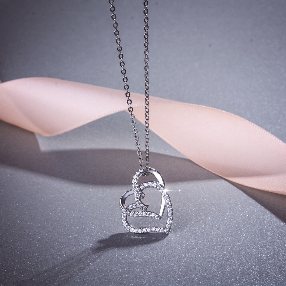EUDORA 925 Sterling Silver Nterlocking Hearts Clear CZ Pendant Necklace Celtic Mother's Knots Charms For Women Jewelry CYD313