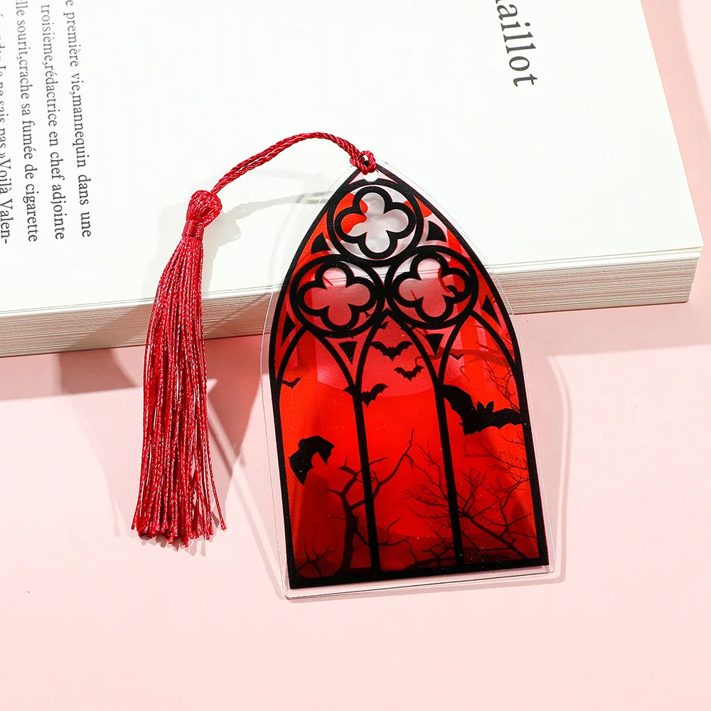 Marcapáginas acrílico de estilo gótico, patrón de ventana de Color sangre, marcapáginas decorativos con borlas, adorno colgante para libro de lectura