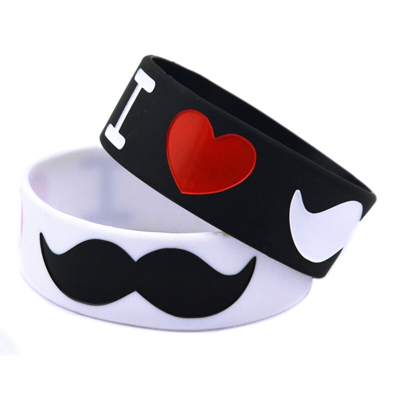 OBH 25PCS I Love Moustache Silicone Rubber Wristband 1 Inch Wide Black and White