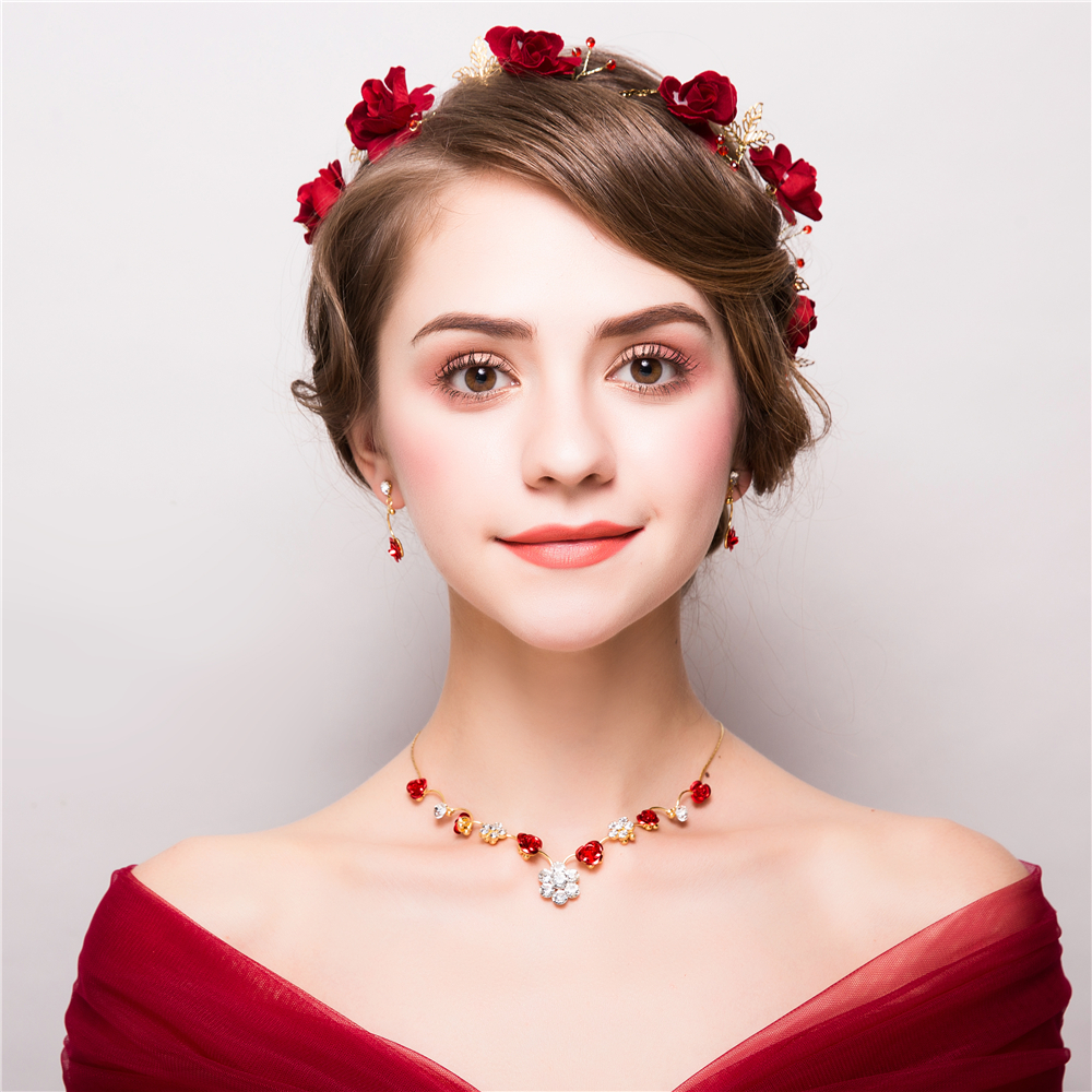 3PCS/Set Flower Jewelry Sets Red Floral Headband Bridal Wedding Headpiece Bijoux Women Party Necklace Earrings Handmade