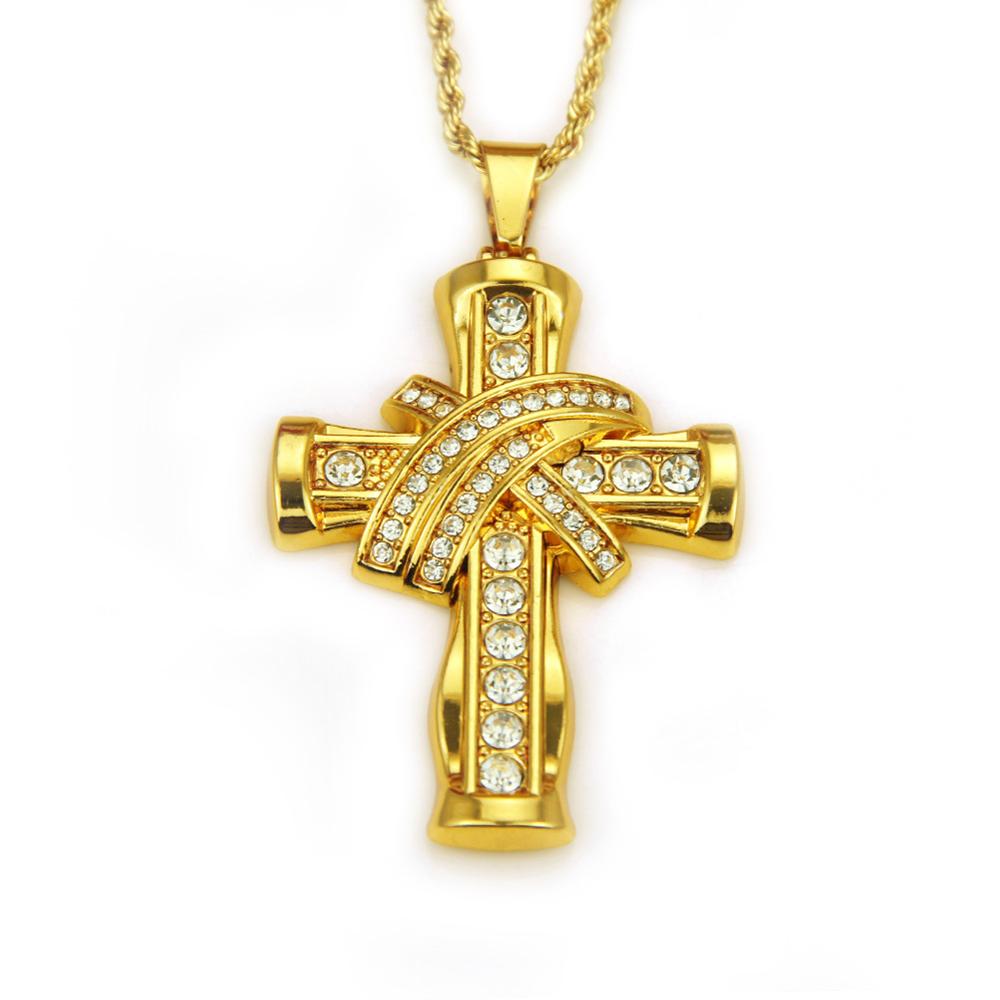 Hip Hop, diamantes de imitación pavimentados, Bling Iced Out Tie, colgantes de cruz, collar para hombres, joyería de rapero, Color oro, plata, triangulación de