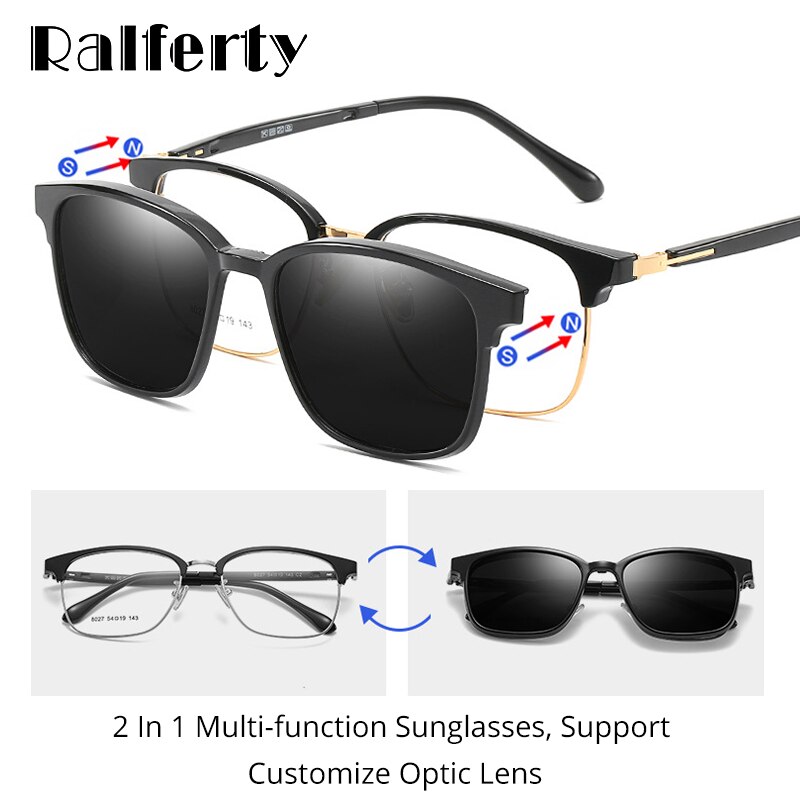 Ralferty 2 In 1 Gepolariseerde Zonnebril Magnetische Clip Op Sunglass Shades Mannen Lady Bril Optic Frame Z8027