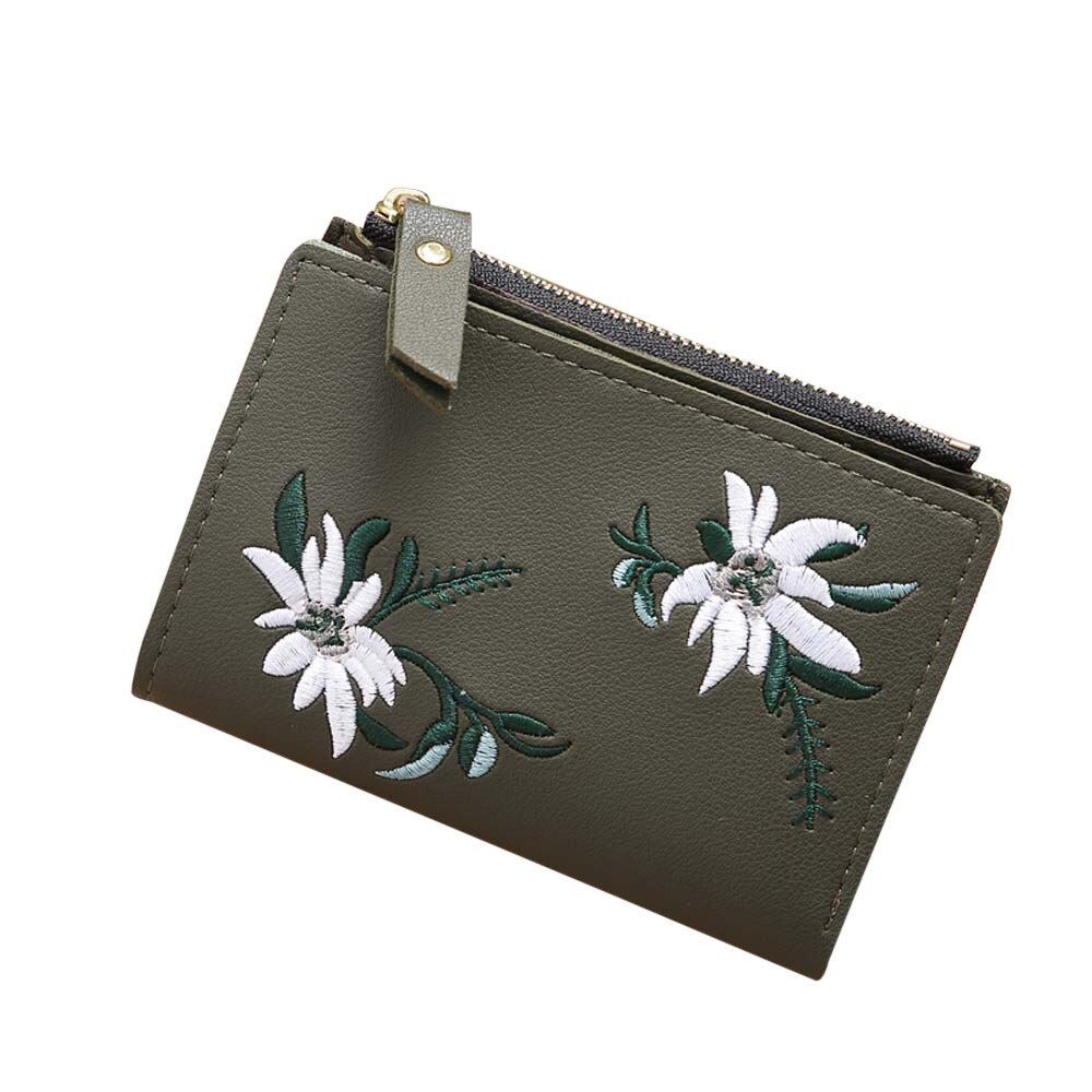 Porte-monnaie brodé en cuir PU pour femmes, porte-cartes à fermeture éclair, court, à loquet Floral, # L10: vert militaire