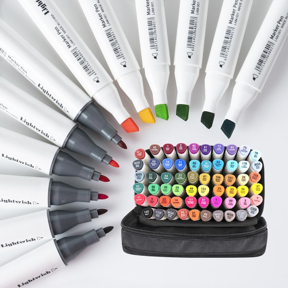 Lightwish 60 Colors Marker Set Dual tip Drawing Sketch Marker Pens Alcohol Based for Sketching Drawing Cartoon Painting