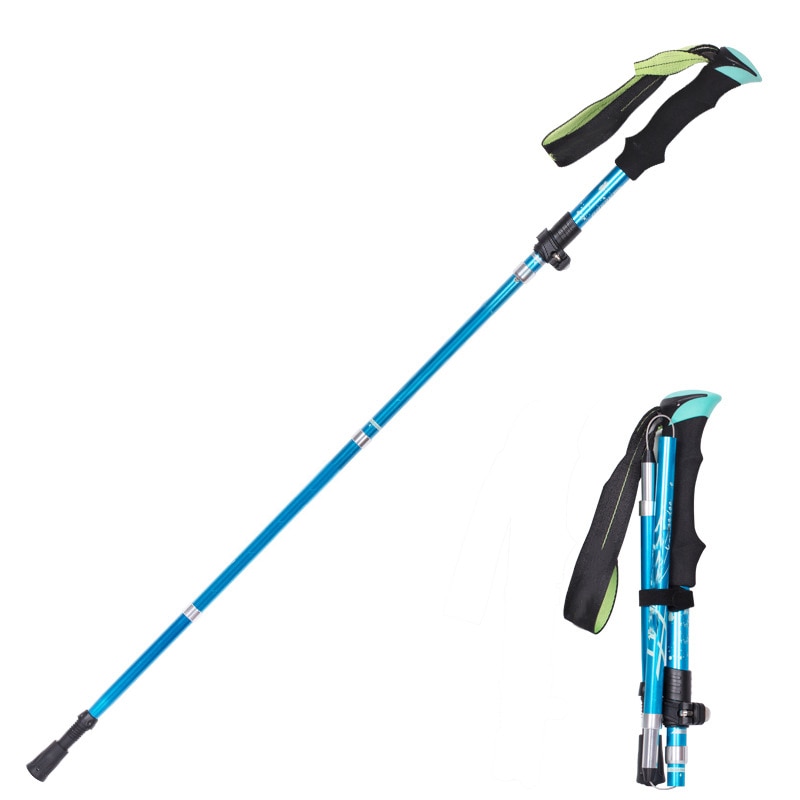 Trekking Stick 5 Sections Cane Short Fiber Lock Folding Rod Walking Trekking Climbing Poles Aluminum Alloy Durable Alpenstock: Blue short type
