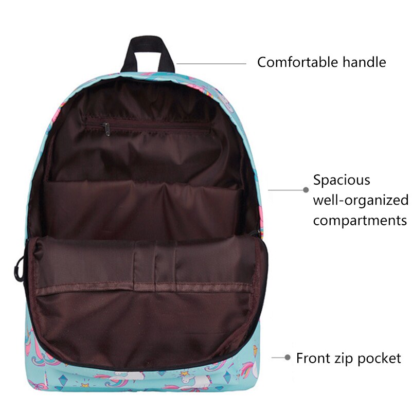 Moda nova unicórnio impressão mochila repelente de água pacote isolamento 3 pc/set mochila lazer viagem grande capacidade saco estudante