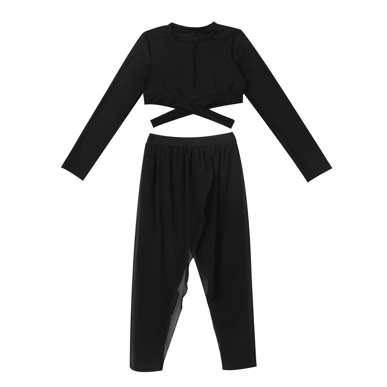 Enfants Yoga ensemble solide manches longues survêtement respirant gilet haut avec irrégulière doux jupe-culotte pour la remise en forme quotidienne de gymnastique: 8 / Black
