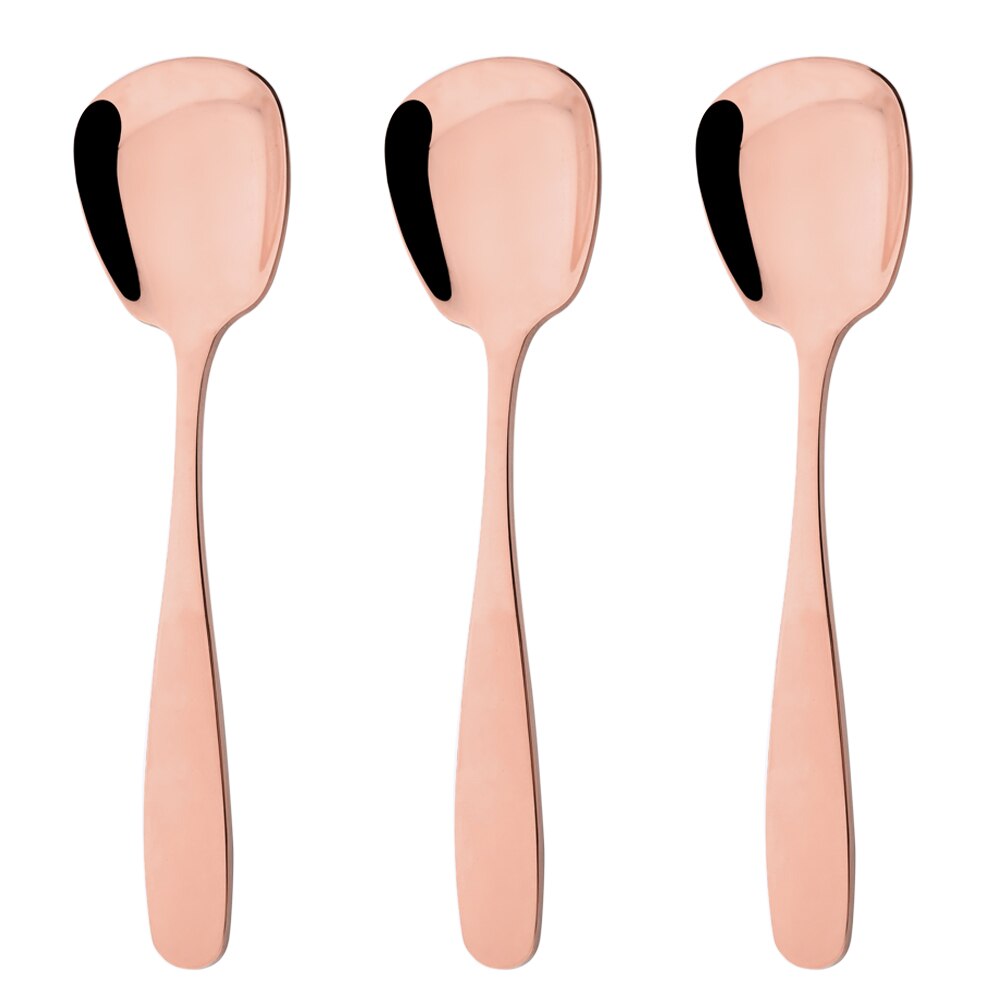 3Pcs Cutlery Stainless Steel Set Plat Bottom Square Dinner Spoons Dinnerware Child Ice Cream Dessert Salad Spoons Silverware Set: S 3.9x15.3(cm) / 3Pcs Rose