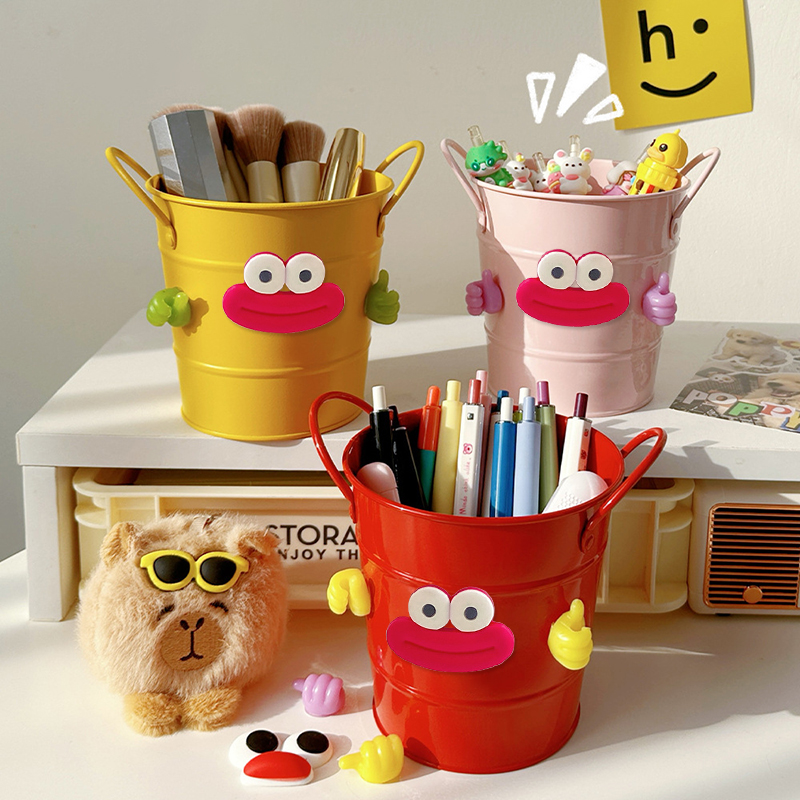 Iron Bucket Box Big Mouth Large Capacity Iron Pen Holder Desktop Flower Pot Arrangement Dormitory Miscellaneous Storage Box