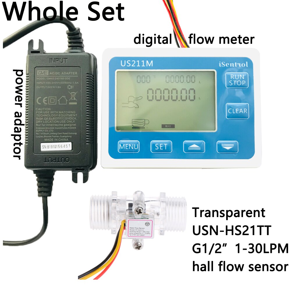 US211M Digital Flow Meter Totalizer Flow Measurement with Nylon Water Flow Sensor USN-HS21TT G1/2" Turbine Flowmeter iSentro: Whole Set