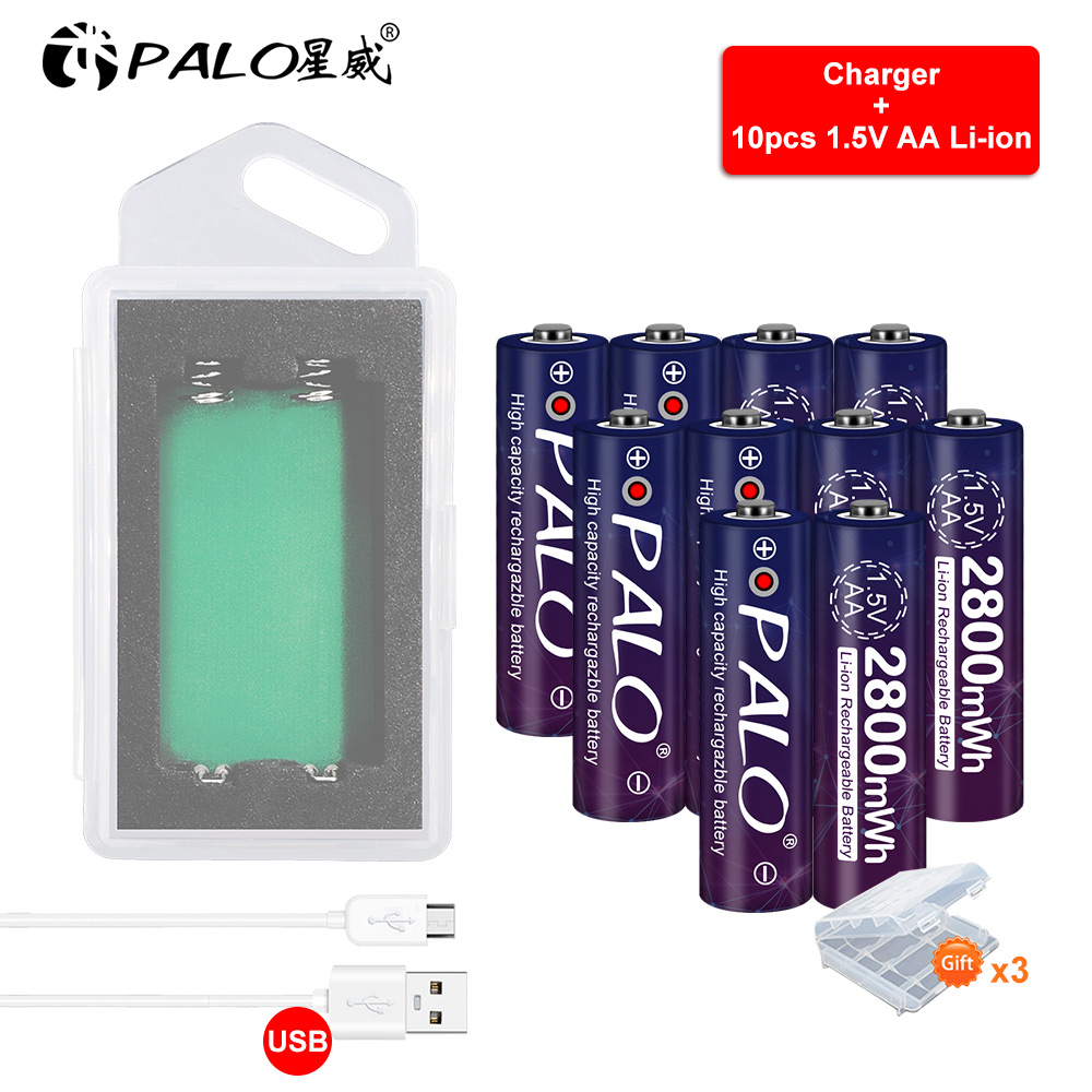PALO 2800mWh AA1.5V lithium-ion battery 1.5V AA rechargeable pre-charge battery+1.5V AA li-ion battery charger case usb charger: 10pcs and charger