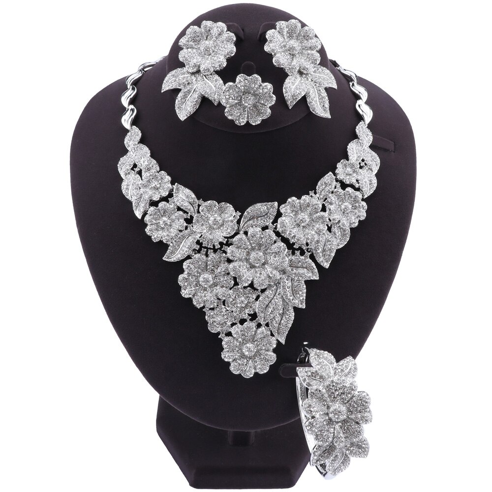 Nigérian mariage mariée africaine couleur or fleur en forme de bijoux ensemble Dubai cristal collier Bracelet boucles d'oreilles ensemble de bagues pour les femmes: silver