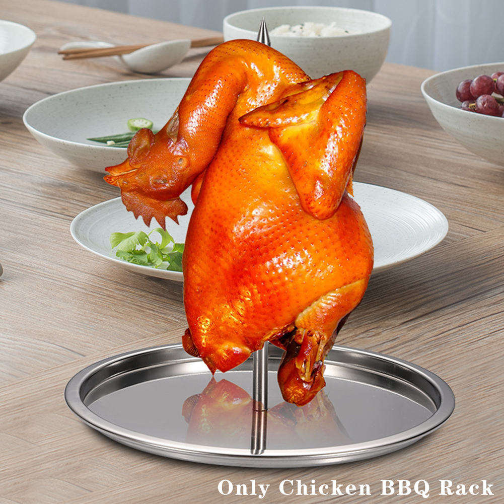 Stainless Steel Chicken BBQ Rack Removable Handle Grilling Ergonomic Vertical Skewer Roaster Standing Up With Base Meat Spit