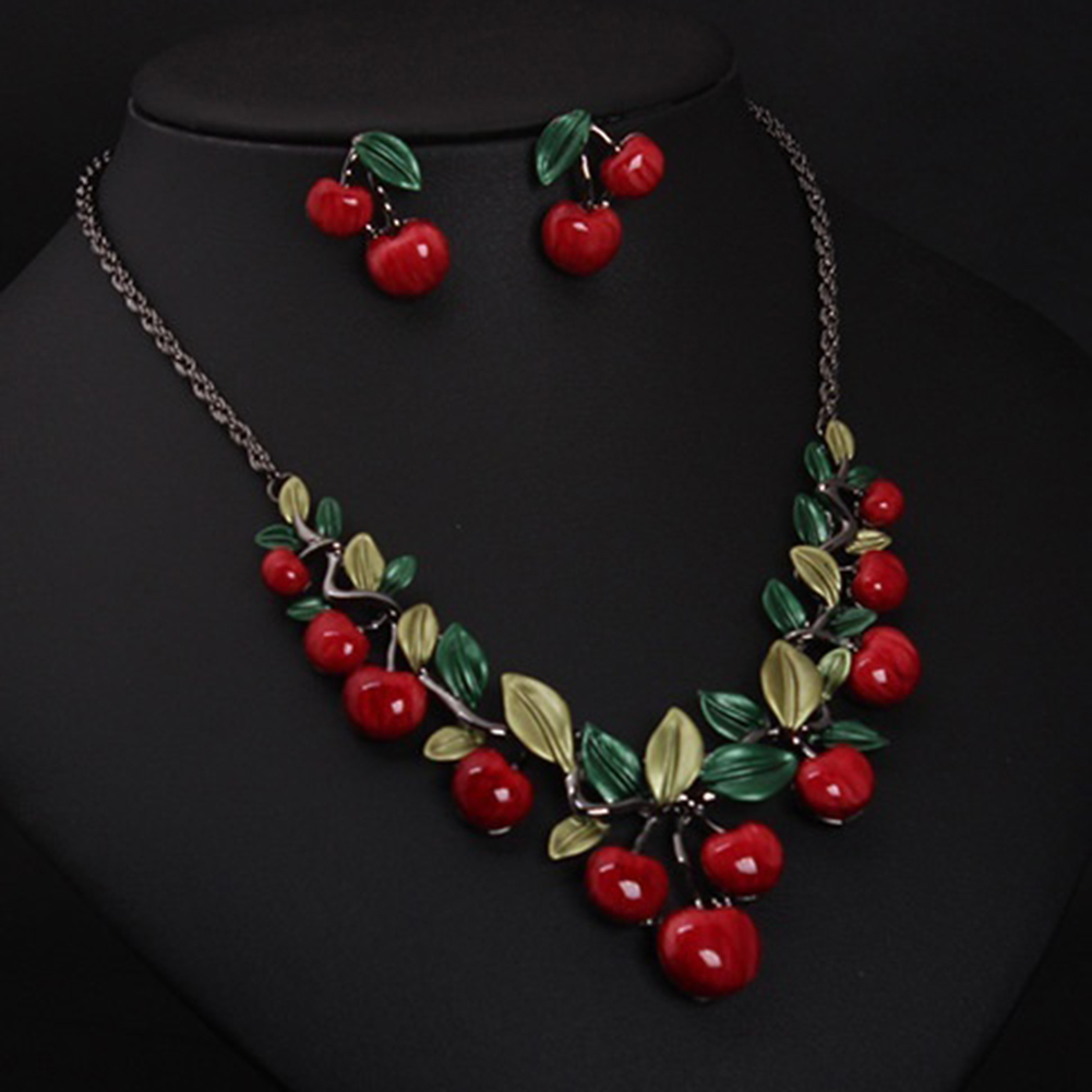 1 Set Vintage Red Cherry Fruit Sieraden Set Chic Bridal Ketting Oorbellen