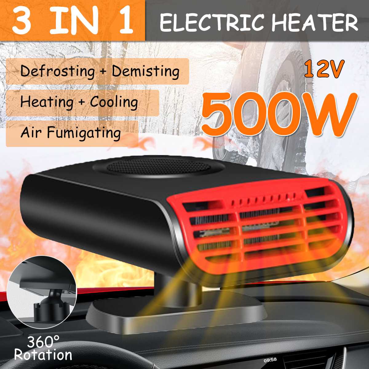 Audew 500w 12v bilvärmare 360 ° rotation värme kylfläkt avfuktare med aromfunktion bilglas defroster