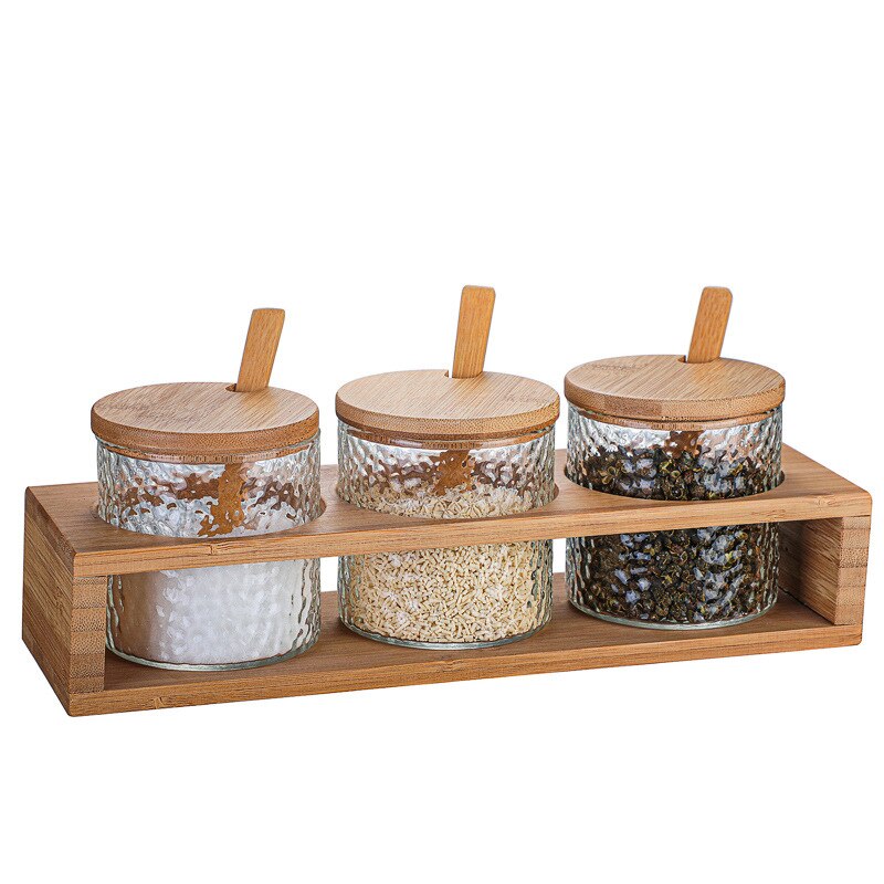 Hamer Glas, Bamboe En Hout Dressing Box Set Voor Huishoudelijke Keuken Zout Pot Kruiden Fles Container Set: Whole set