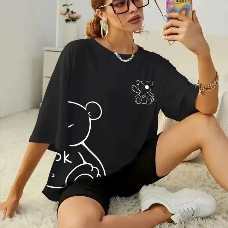 Femmes coton T-Shirts Kawaii OK ours en peluche imprimés graphiques T-Shirts été décontracté femme vêtements confortable hauts de rue: XXXL / BLEU CIEL