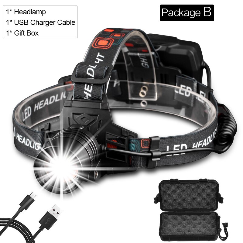 Super Krachtige Koplamp USB Oplaadbare Koplamp XHP70 XHP50 LED Head Light Zoomable Head Lamp Waterdicht Hoofd Front Light