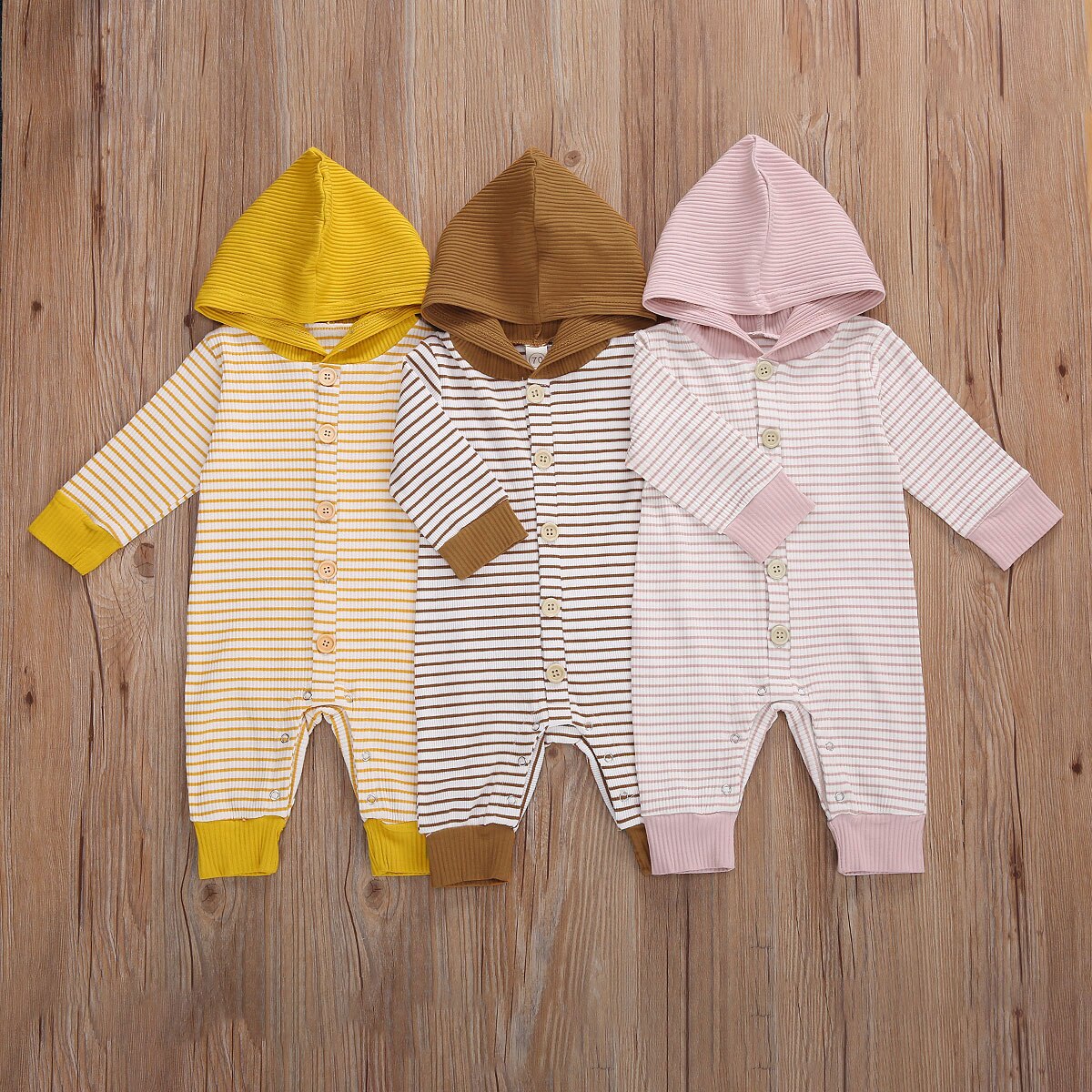 Baby Baby Hooded Romper Gestreepte Lange Mouwen Hooded Jumpsuit Lente Herfst Voor Meisjes Jongens, Kaki/Geel/Roze