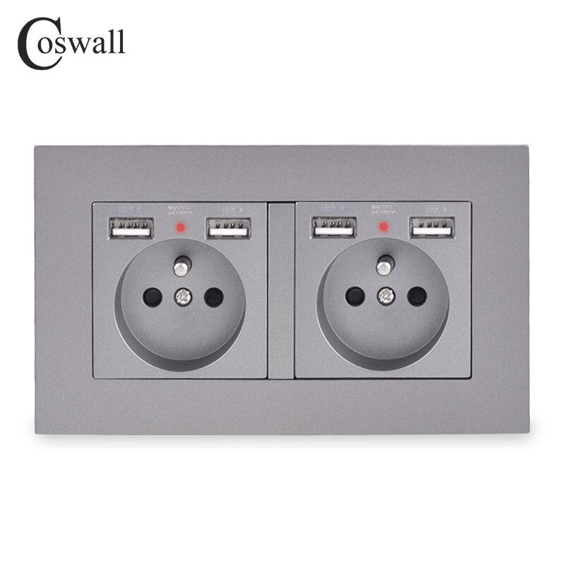 Coswall 2- bånd fransk standard stikkontakt med 4 usb-opladningsport skjult blød led-indikator  e20- serie pc-panel sort hvid grå: Grå