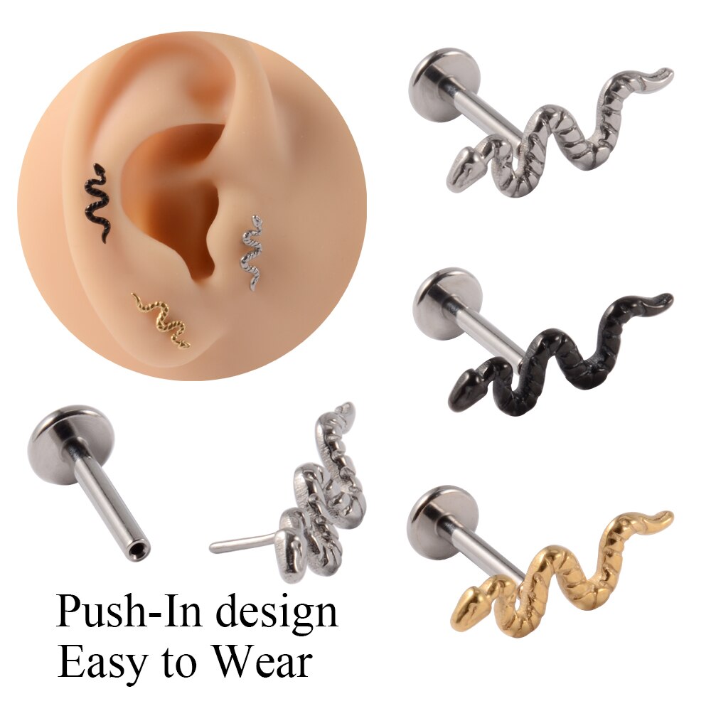 Boucle d&#39;oreille serpent en titane Piercing, sans fil, Cartilage, Tragus, Helix, boucle à lèvres, facile à porter, bijoux pour le corps, 1 pièce