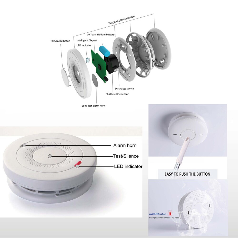 Photoelectric Smoke Detector & Fire Alarm with 10-Year Battery Life Battery Operated Fire Alert Smoke Alarm