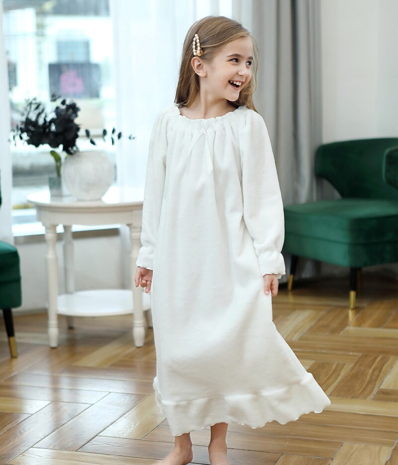 V-TREE ropa de dormir para niñas camisón cálido pijama para niños franela doble forro largo princesa Otoño e Invierno: Blanco / 3 años