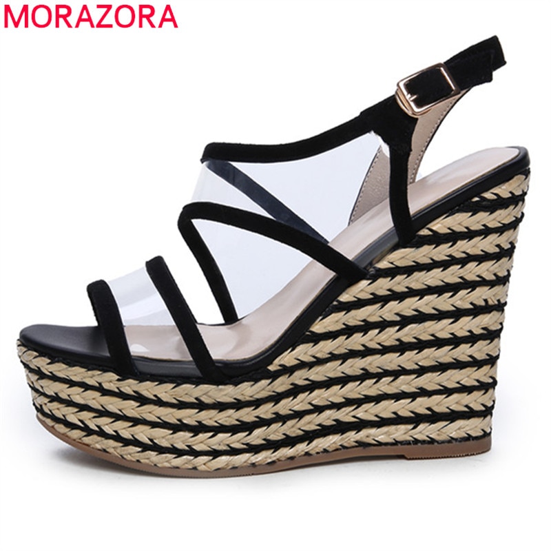 Morazora ruskind læder sko kvinder sandaler pvc spænde sommer kiler platform sandaler dame fest galla sko