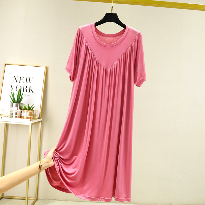 Summer Nightgowns Women Large Size Loose Long Casual Homewear Sleepwear Dresses Female Short Sleeve Modal Nightdress Women 130KG: XL / Fuchsia