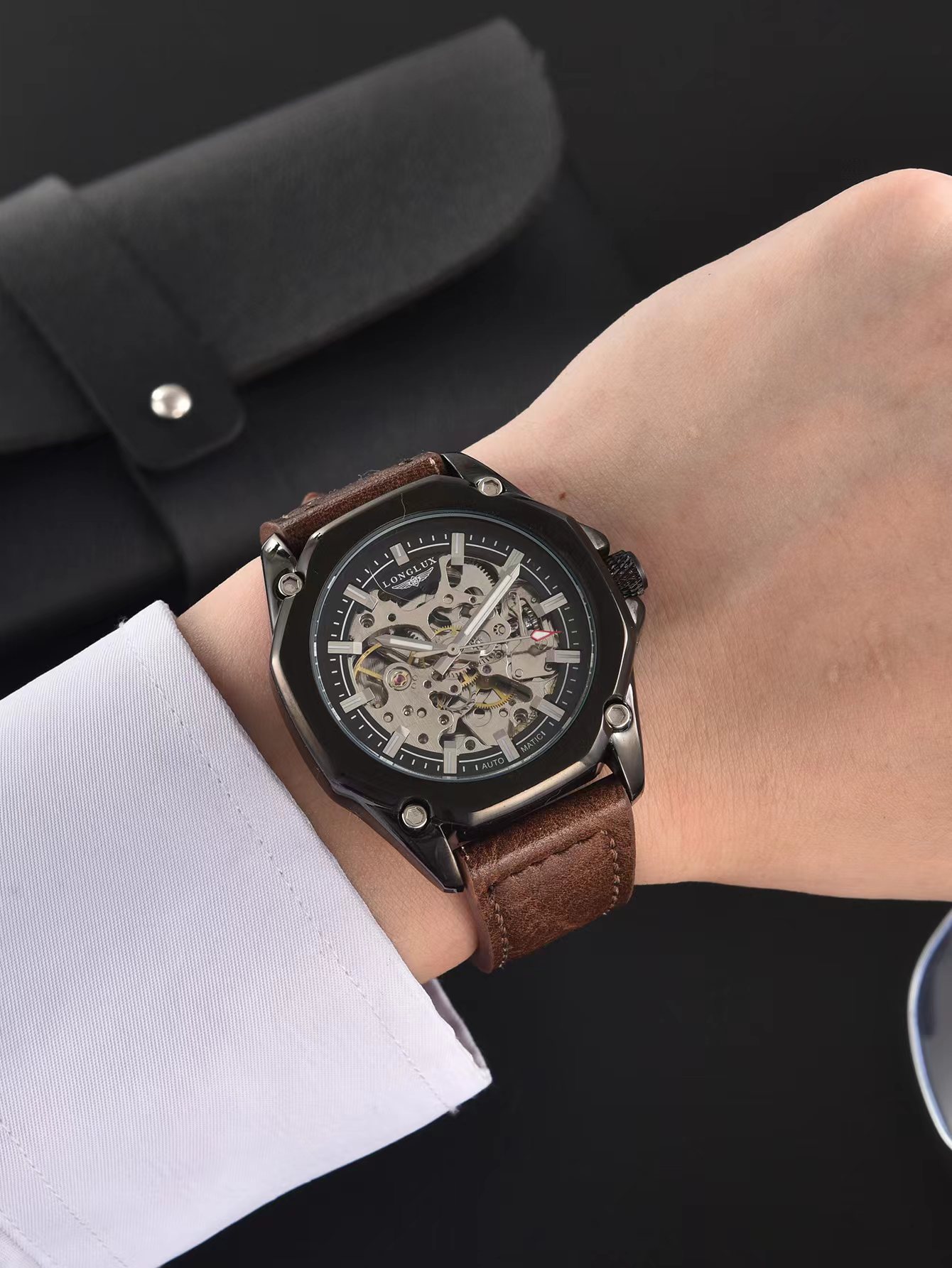 LONGLUX montre automatique sport style montres mécaniques creux en cuir hommes montre hommes