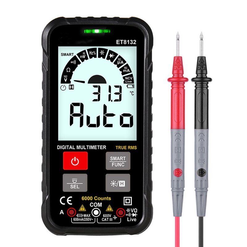 ET8132 Push-button Smart Digital Multimeter Automatic Recognition Auto Measurement Voltage Meter with LED Flashlight M7DA