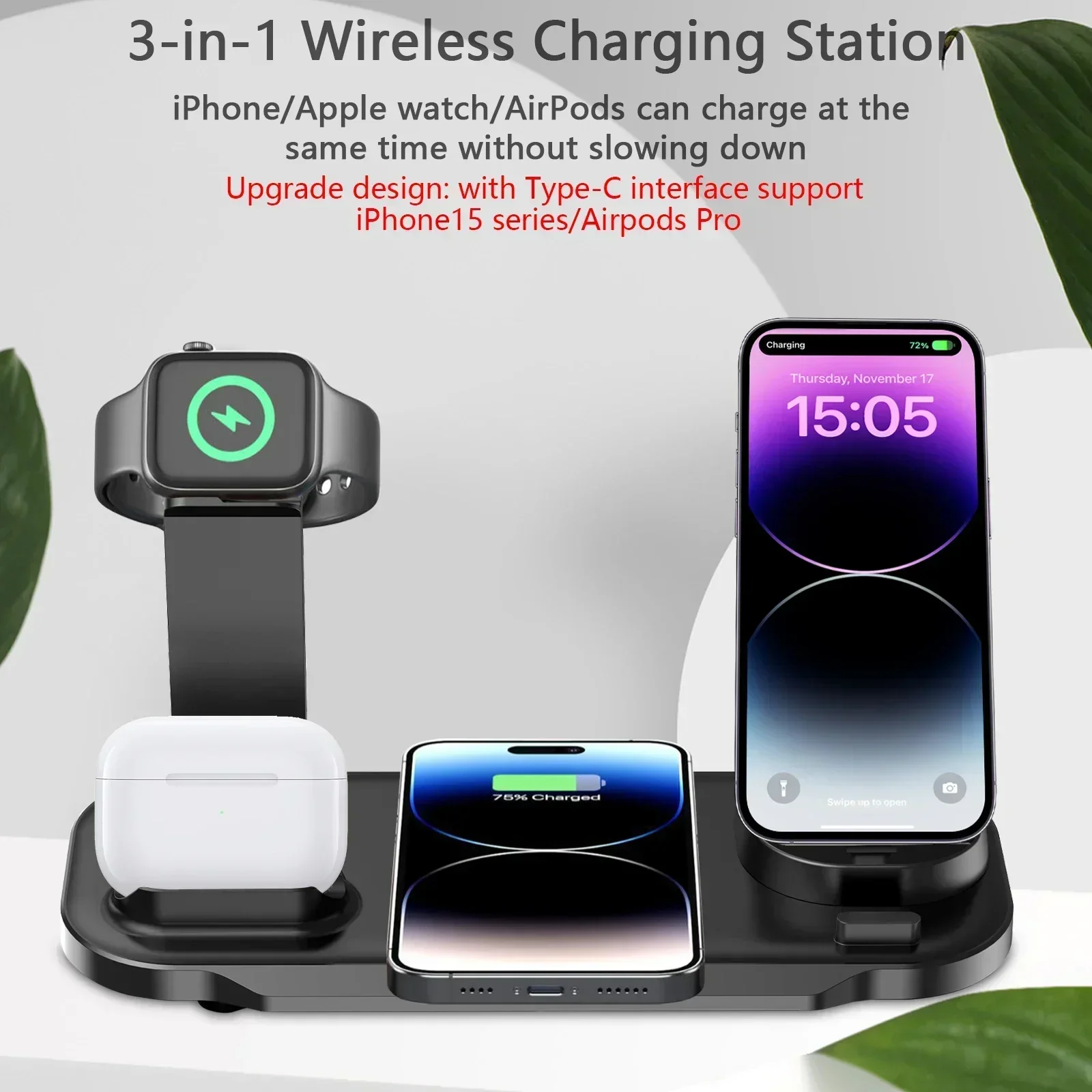 6 in 1 Wireless Charger Station for iPhone 16 15 14 13 12 11 Apple Watch Airpods Desk Phone Charger Fast Charging Dock Station