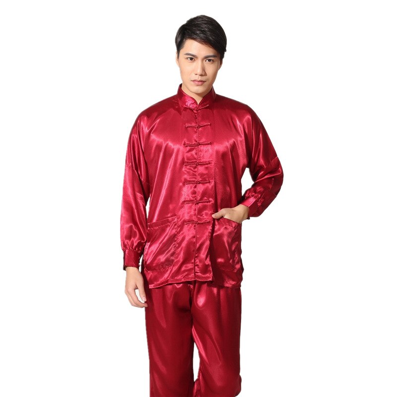 Chinese Year Clothing for Men Satin Solid Long Sleeve Kung Fu Costumes Traditional Cheongsam Top Pant Clothes Set: Red / M