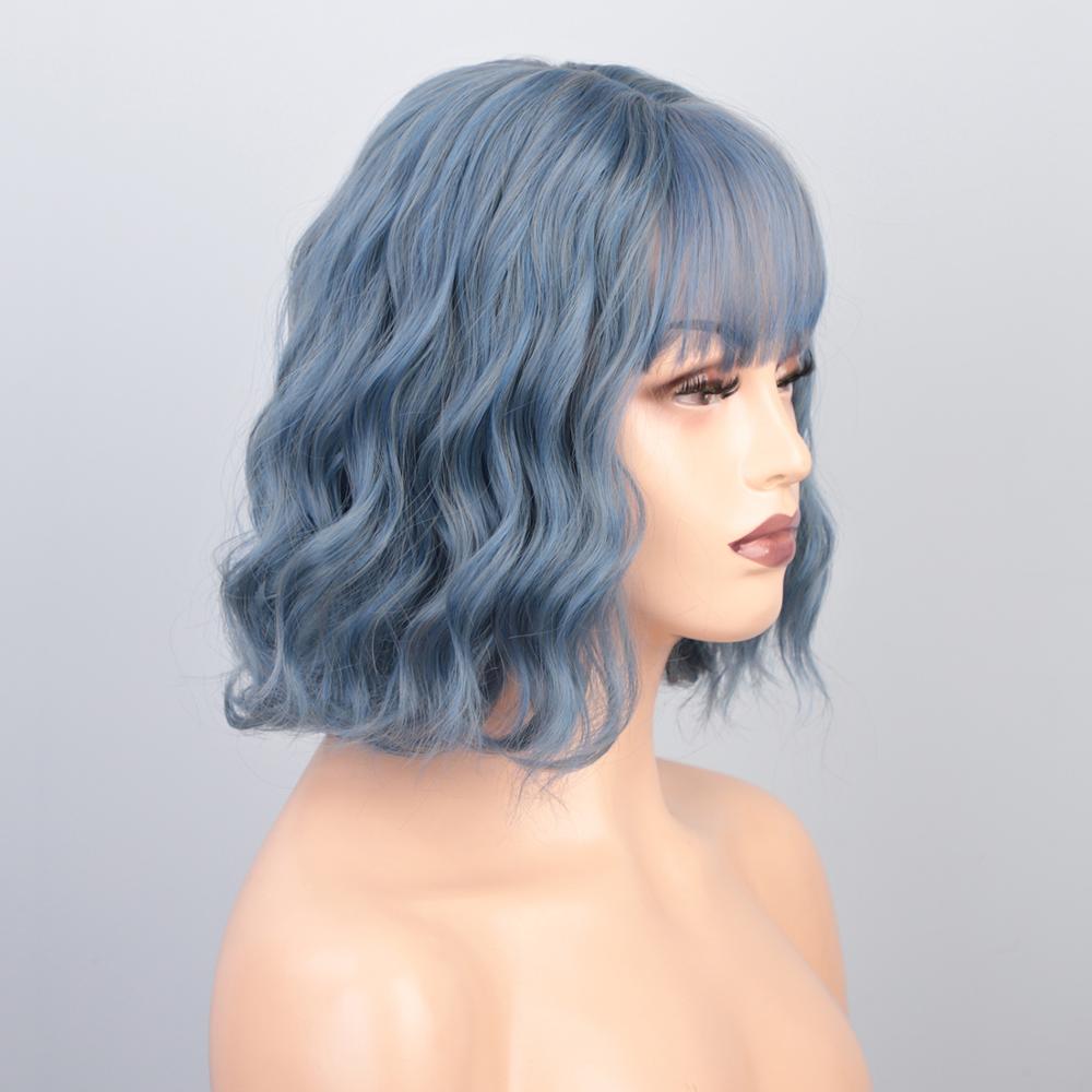 Aisibeauty pastel ondulado peruca com franja de ar feminino curto bob rosa peruca encaracolado ondulado ombro comprimento cosplay peruca para a menina 30cm azul