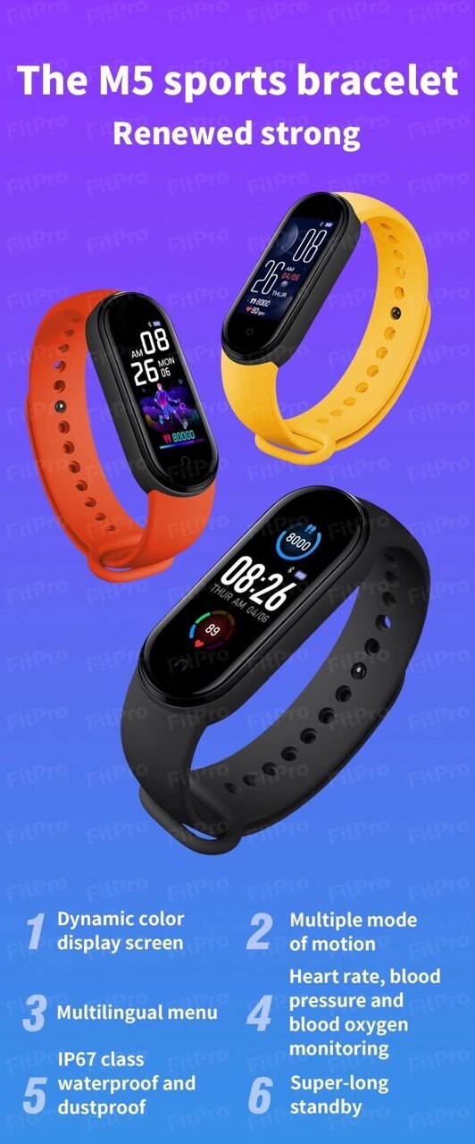 M5 Bracelet intelligent Bluetooth Sport Fitness Tracker moniteur de fréquence cardiaque étanche femmes hommes montre-Bracelet Bracelet intelligent pédomètres)