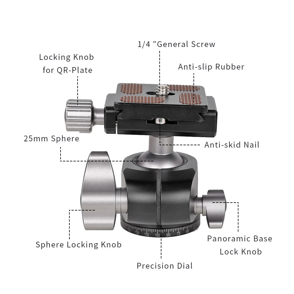 XILETU Panoramic Tripod Head Aluminum Alloy Max. Load 6kg with QR Plate 1/4 Inch Screw Interface for Cameras Tripods Monopods