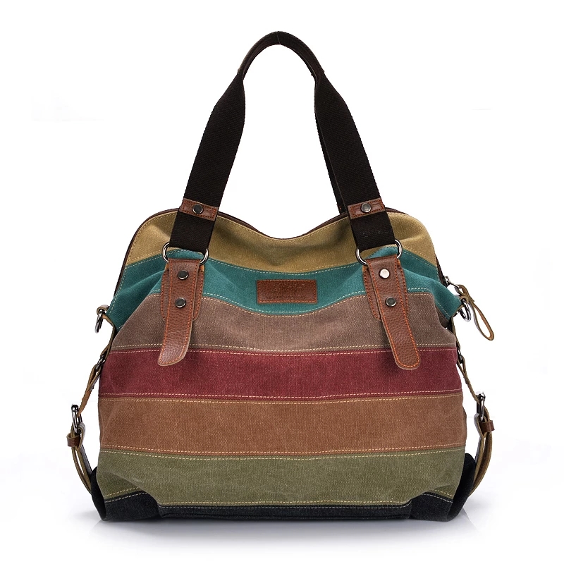 Yogodlns Canvas Bakken Gestreepte Dameshandtas Patchwork Regenboog Schoudertas Mode Vrouwelijke Casual Crossbody Tas Sac a Main
