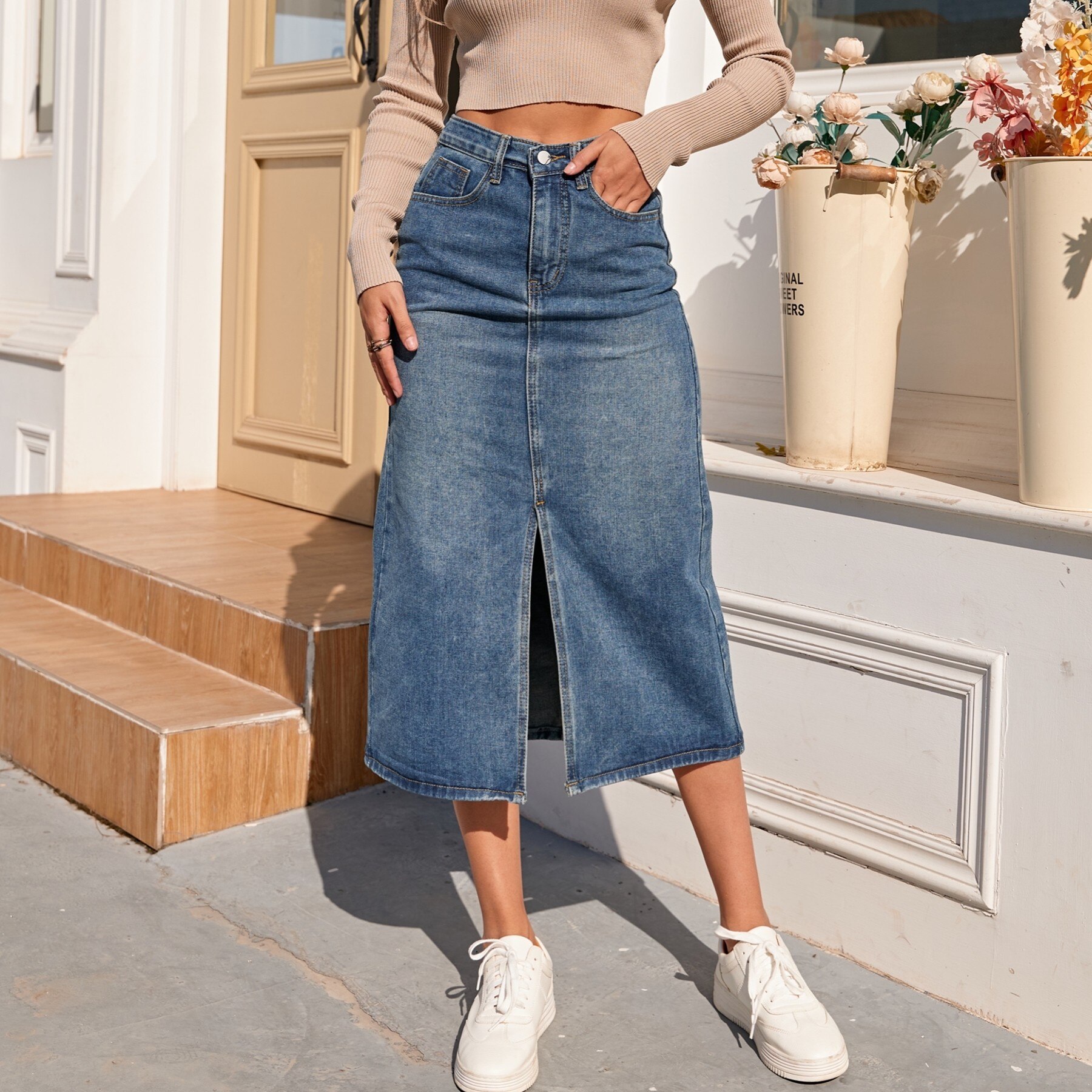 Zhisilao Hoge Taille Rechte Denim Rok Vrouwen Vintage Split Vork Blauw Lange Bodycon Potlood Jean Rok