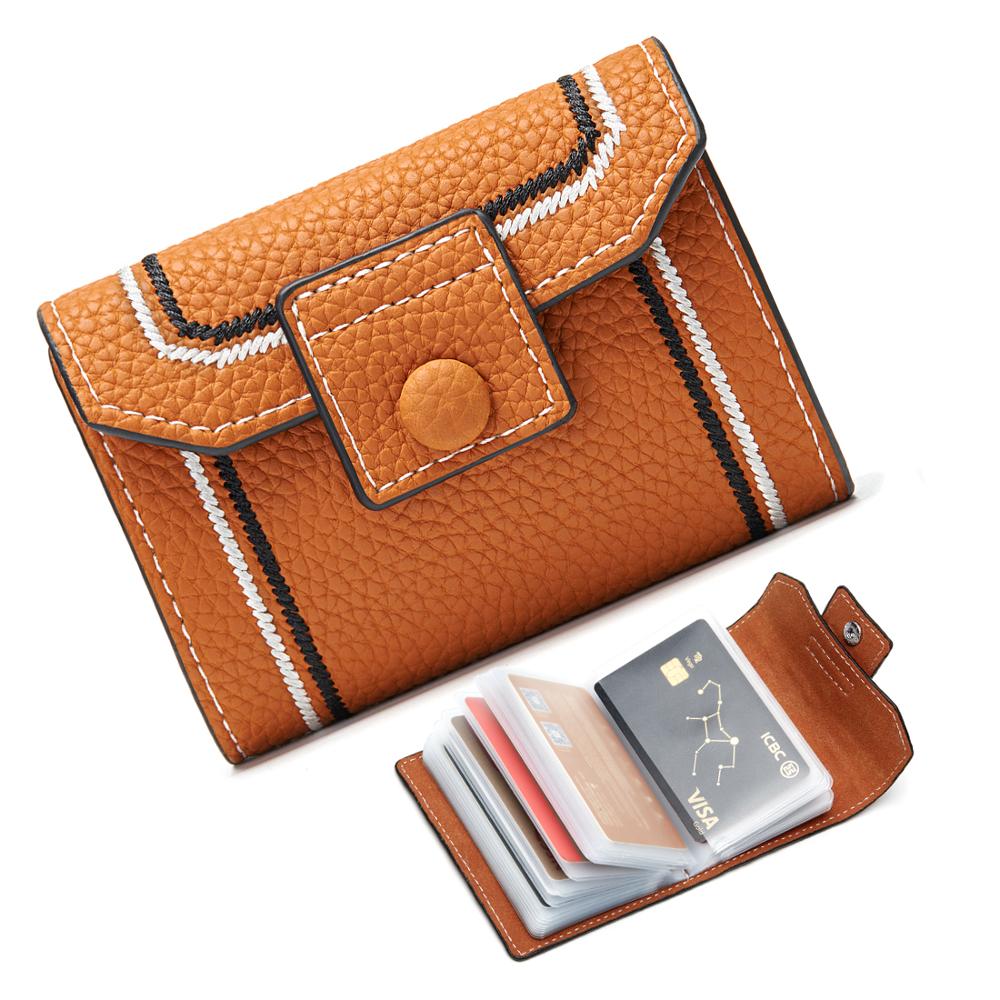 Porte-carte de crédit femmes blocage femelle boîte 26 cartes d'identité portefeuille tenir Rfid organisateur Litchi Grain cuir lignes contrastantes