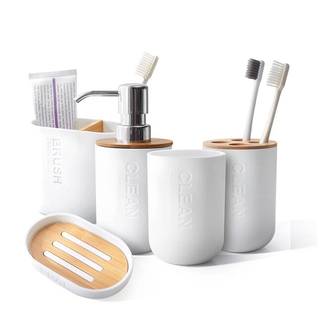 Lot de 5 brosses de toilette en bambou, ensemble de salle de bains, porte-brosse à dents, tasse porte-savon, conteneur distributeur d'émulsion, accessoires de salle de bains: Set of 5