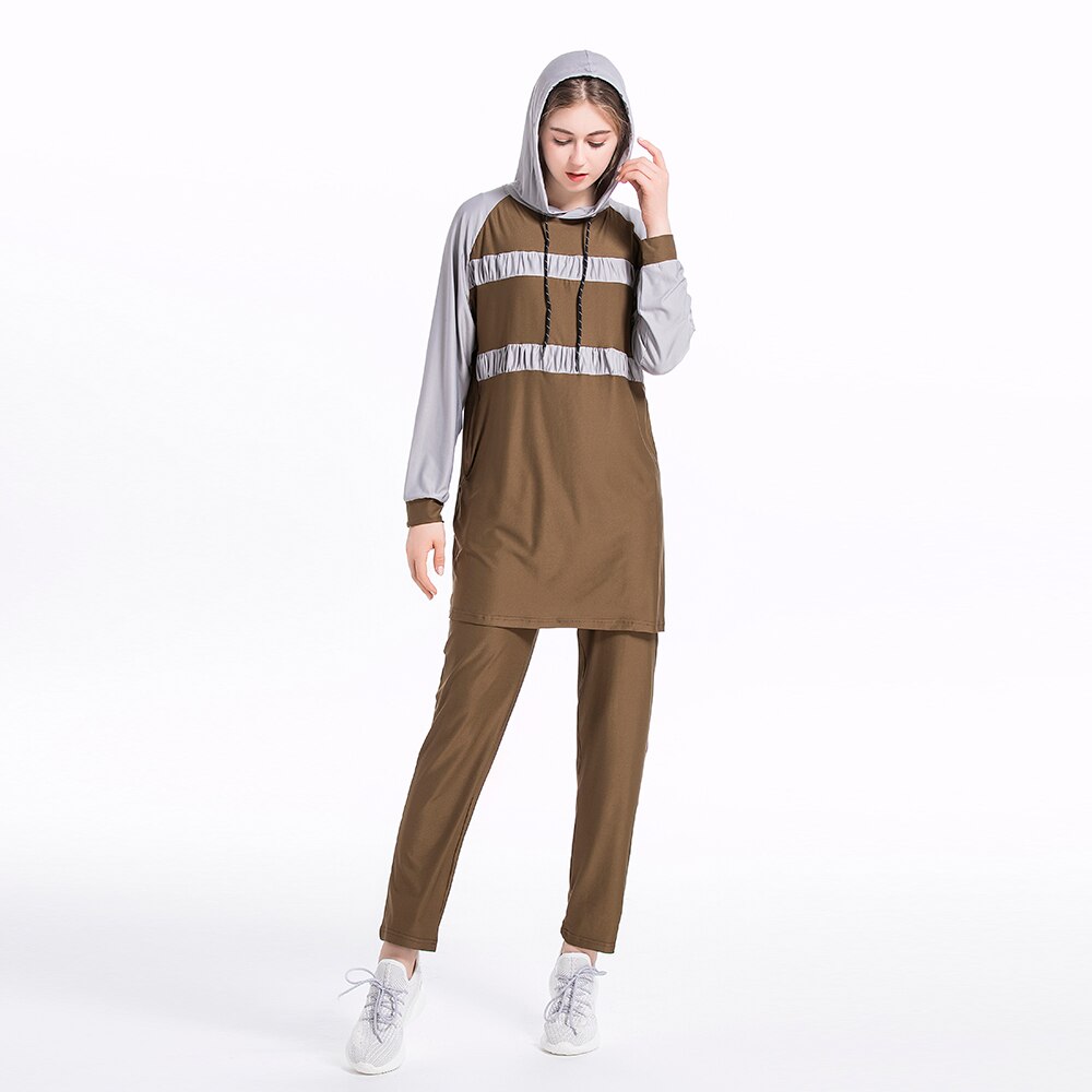 Muslim Women Two Piece Sweatsuit Muslim Cowl Neck Sweatshirt and Loose Long Pants Set Islamic Tracksuit: Brown / L