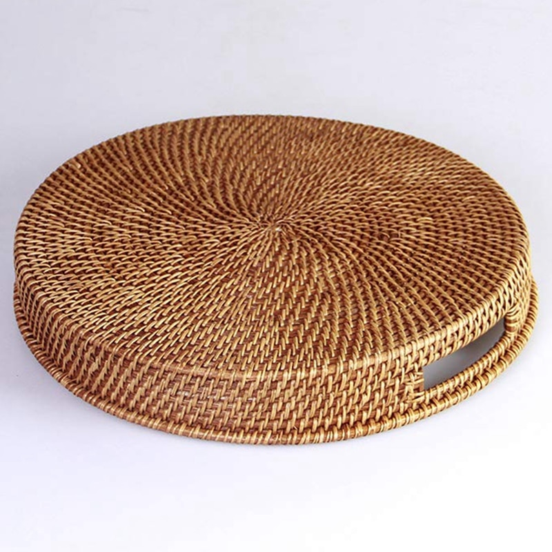 Rottingbricka med handtag-handvävt multifunktionellt korgfack med slitstark rottingfiber (rund 13.5 tum diameter, naturlig)