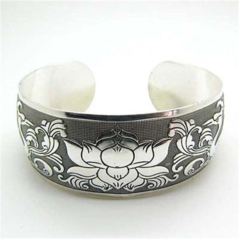Brazalete tibetano Vintage tallado, pulsera ancha abierta, joyería Bohemia antigua para mujeres y hombres, Retro,