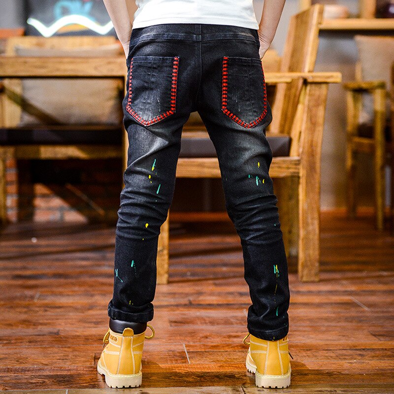 Modieuze Jeans Voor Jongens Kinderkleding Jongen Jeans 100% Katoen Mode Verf Punt Elastische Rechte Jongen Cowboy Broek