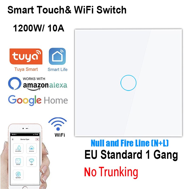 Tuya Touch Light Switch 1/2 Gang Intermediate Stair Switch EU Power Sensor Switches Black White With Glass Panel smart home: White 1 Gang