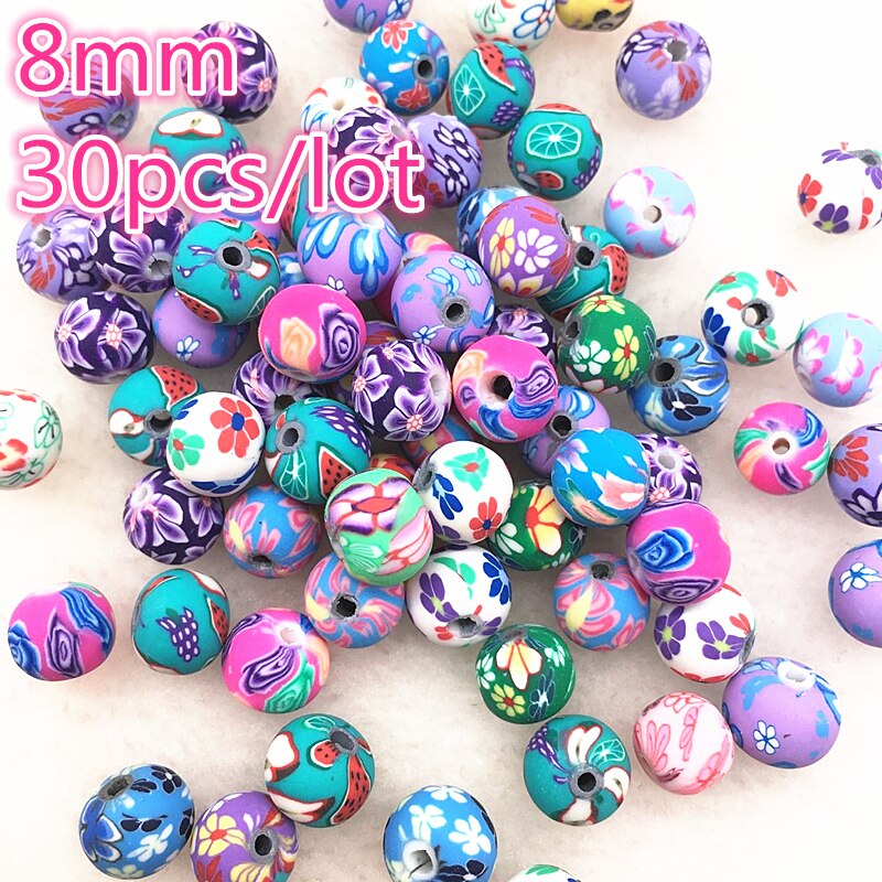 30 Pcs 8 Mm Polymer Clay Bloem Patroon Afdrukken Kralen Ronde Losse Kralen Mix Kleuren Voor Make Sieraden