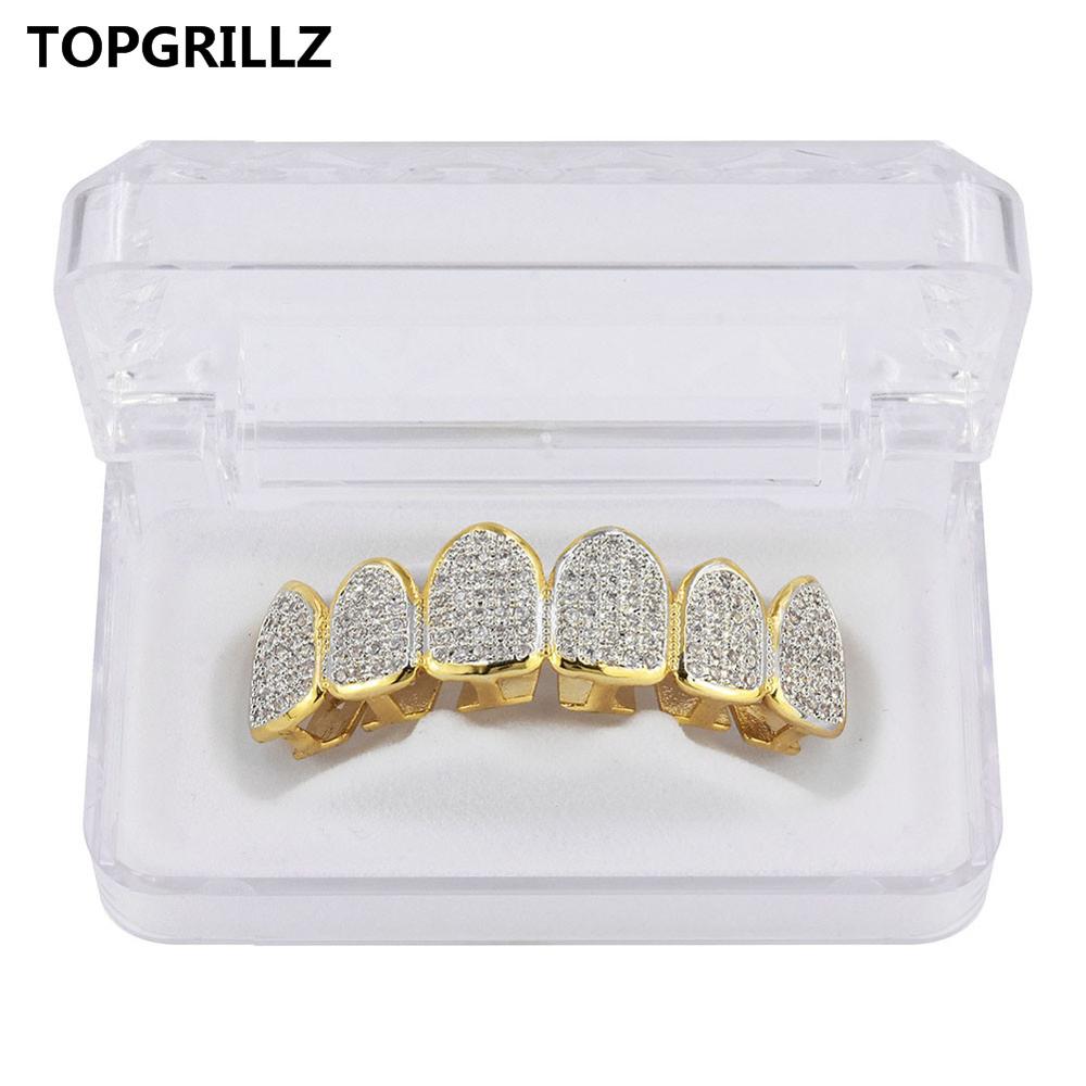 Topgrillz Classic 6/6 Hip Hop/Punk Tanden Grillz Set Goud Zilver Kleur Top &amp; Bottom Grills Dental Mond Caps cosplay Party: Gold Top