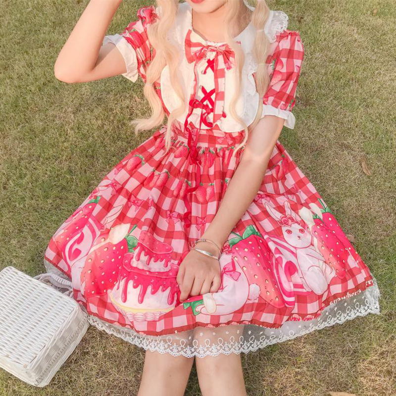 Sommer jsk sød jordbær lolita kjole pink lolita kjole pink sød lys lolita dukke krave pige lolita op kjole