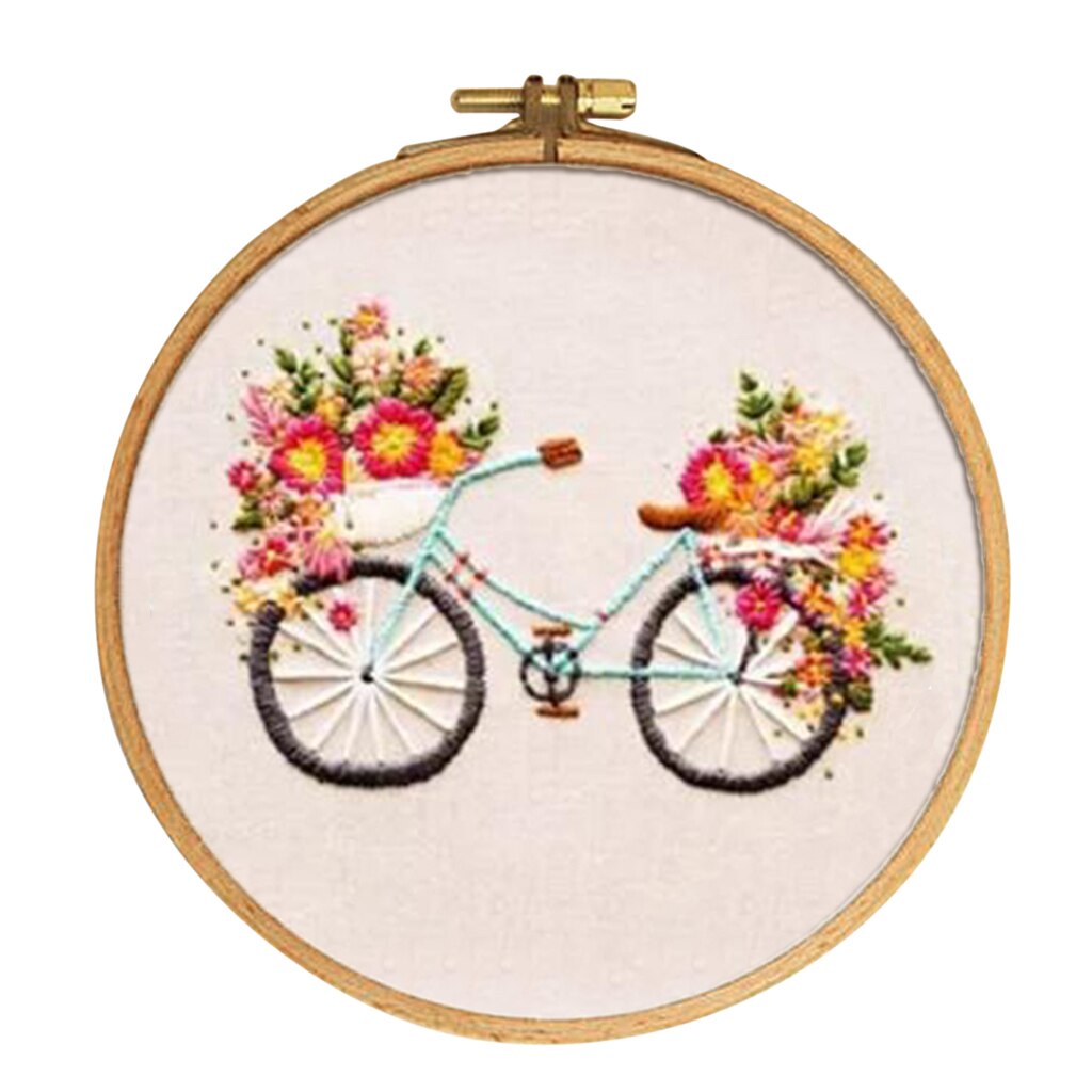 Stemplet broderikit med mønster, fortrykt klud og ramme 15cm diy håndarbejde - blomst & cykel